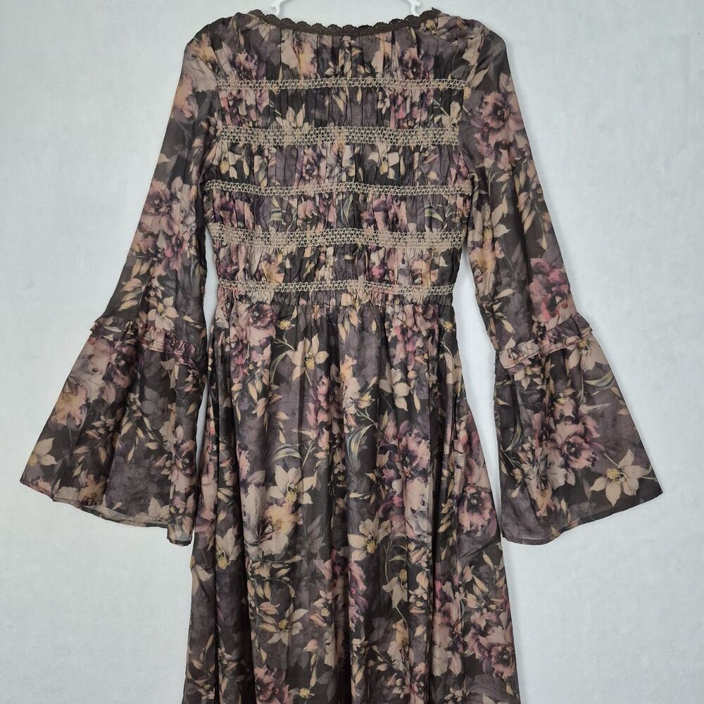 Promesa Small Brown Boho Blossoms Floral Bell-Sleeve Midi Dress Romantic Whimsy - Picture 9 of 12